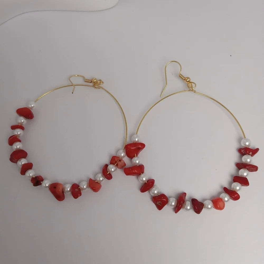 Vibrant Red Coral and Faux Pearl Beaded Hoop Earrings